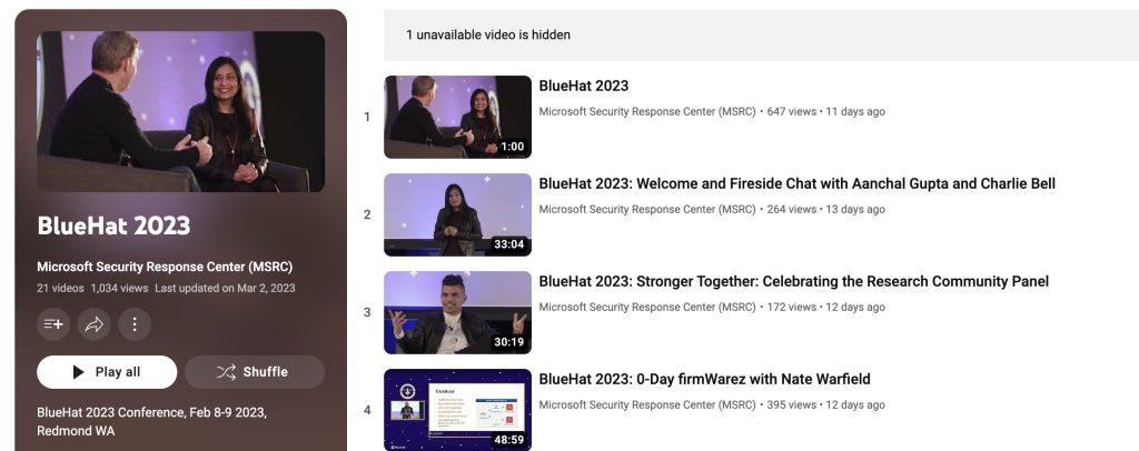 Un playlist cu înregistrările prezentărilor de la conferința de securitate BlueHat, ediția 2023, prin Microsoft Security Response Center.