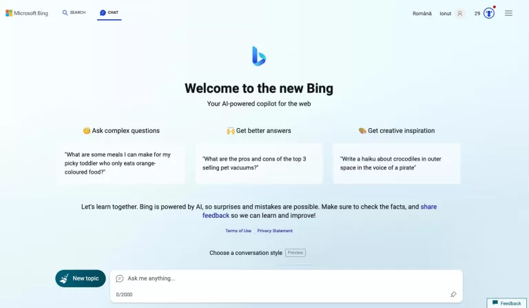 De ieri asistentul Bing Chat al Microsoft are mai multe opțiuni printre ele fiind posibilitatea de consultare a istoricului convorbirilor, răspunsuri video și plugin-uri.