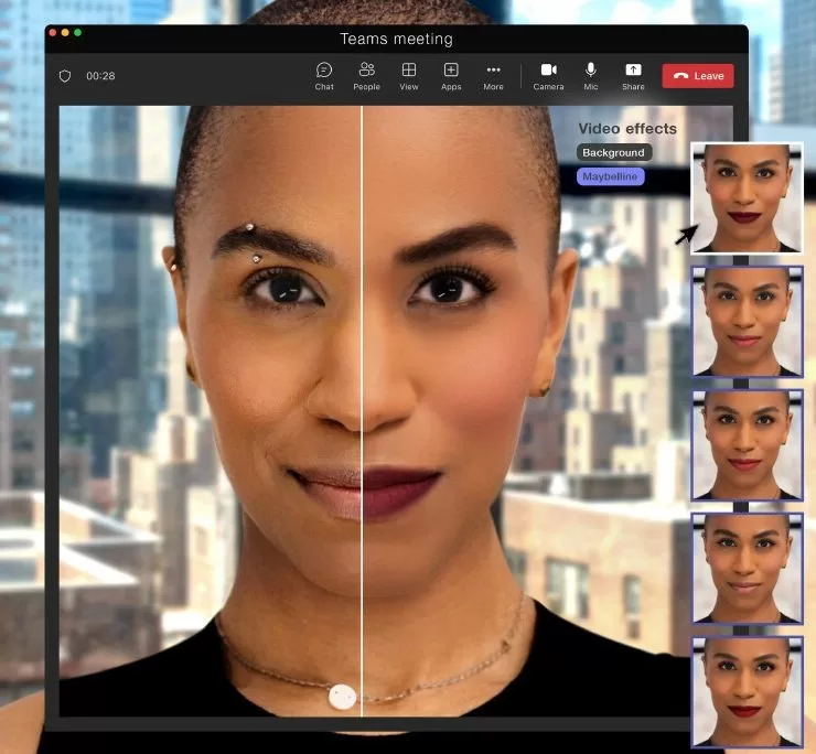 Săptămâna trecută a ieșit aplicația Maybelline Beauty App pentru Teams, care permite utilizatorilor folosirea a 12 seturi de machiaj pentru aplicarea de efecte virtuale.