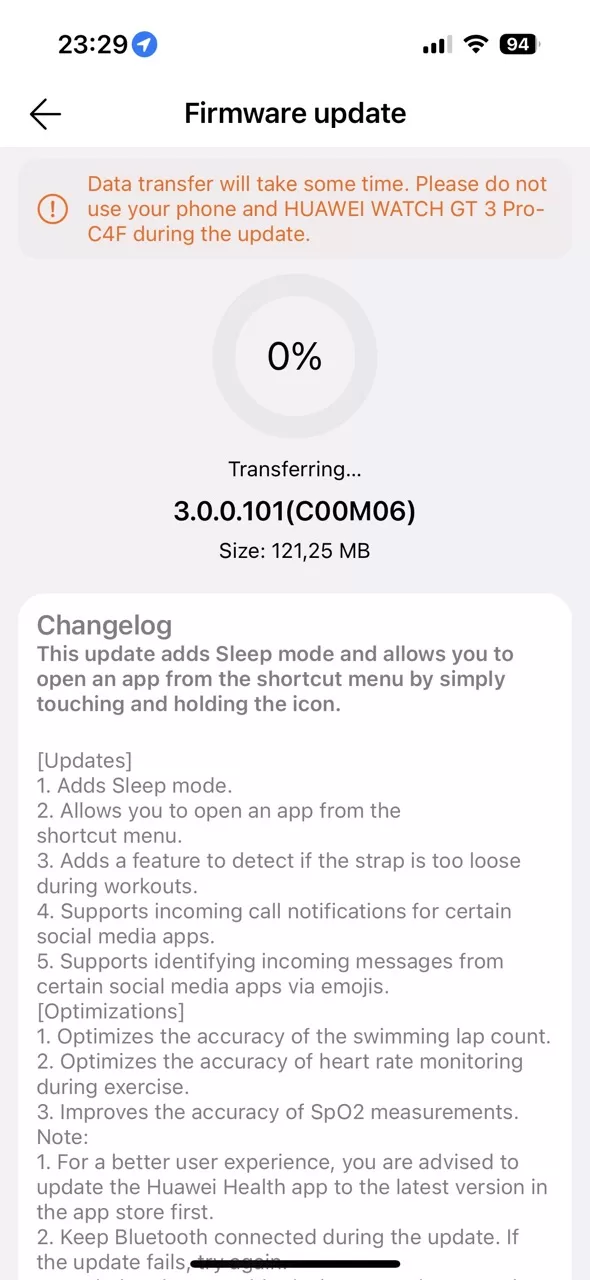 După o perioadă destul de lungă de liniște, Huawei a lansat un nou update de firmware pentru ceasul Watch GT3 PRO: 3.0.0.101(C00M06) cu îmbunătățiri pentru SpO2 și monitorizarea inimii.