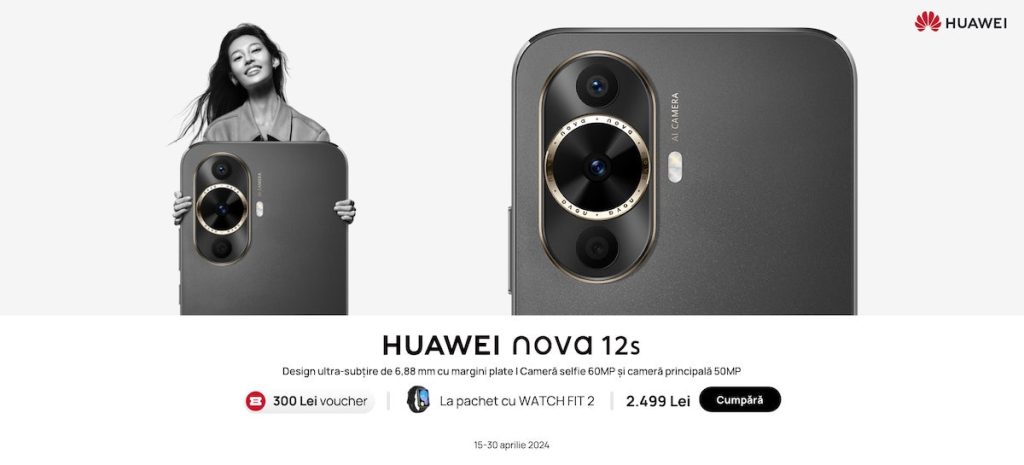 Smartphone-ul HUAWEI nova 12s cu cameră frontală de 60MP e disponibil în România la un preț de 2499 LEI.