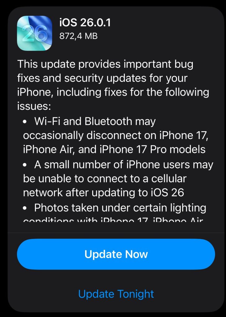 Apple a lansat un prim update de iOS 26 pentru a repara o problemă de securitate și mai multe legate de funcționarea noilor modele iPhone 17!