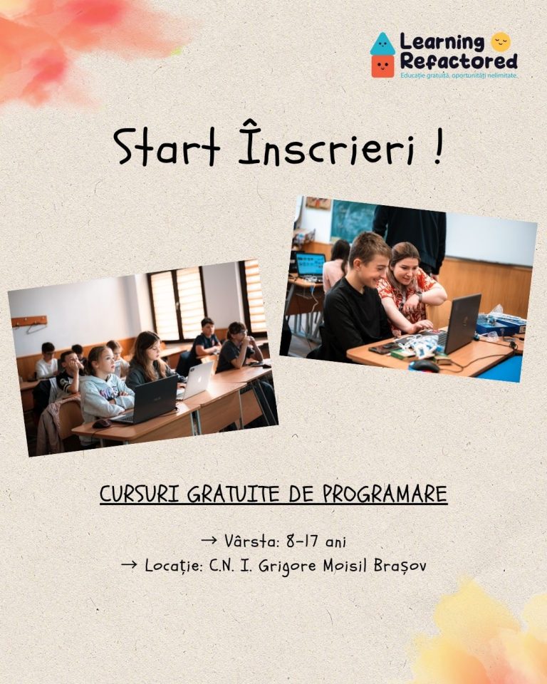 Learning Refactored Brașov a pornit înscrierile pentru cursurile gratuite de programare din cadrul CoderDojo 2025-2026.