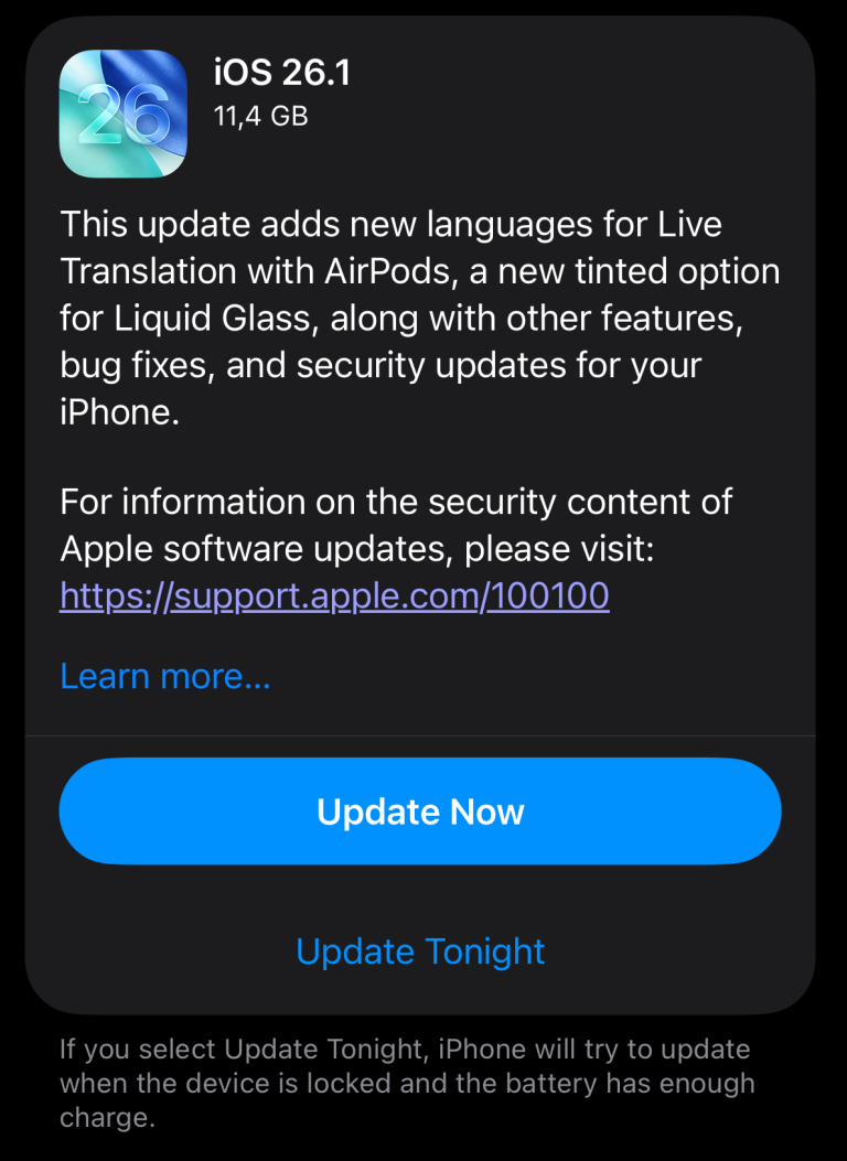 Apple a lansat iOS 26.1 (are 11.4 GB !) pentru a repara câteva din problemele de securitate detectate în ultima vreme și propune niște soluții pentru optimizarea Liquid Glass.