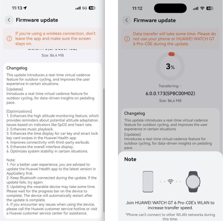 Azi a venit un update de firmware pentru ceasul smart Huawei Watch GT6 Pro: 6.0.0.173 (SP8C00M02) cu optimizări și o funcție nouă.
