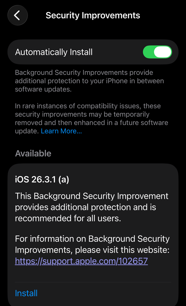 Apple a lansat primul pachet de update-uri de securitate (iOS 26.3.1.a) care vin prin Background Security Improvement.