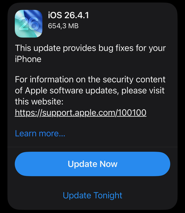 Aseară m-am trezit cu iOS 26.4.1, un update neprogramat dat de Apple. Puneți-l rapid ca să un vă pară rău ulterior.