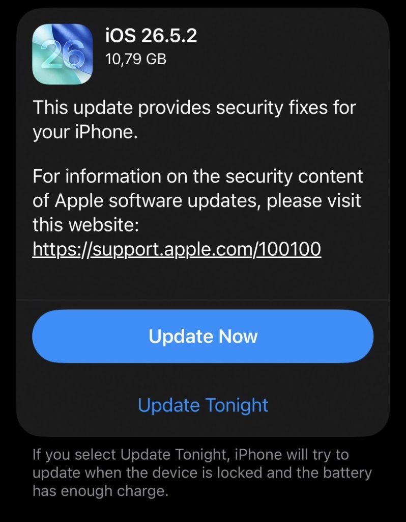 Aseară a venit update-ulș iOS 26.5.2 ce trebuie pus rapid pentru că repară o grămadă de probleme de securitate.