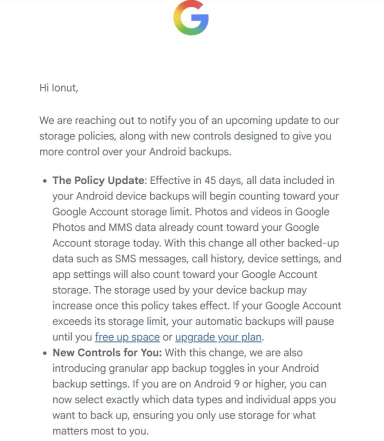 Fiți atenți că în curând spațiul (gratuit) de stocare din Google Drive s-ar putea să dispară dacă aveți activate opțiunile de Android backup!