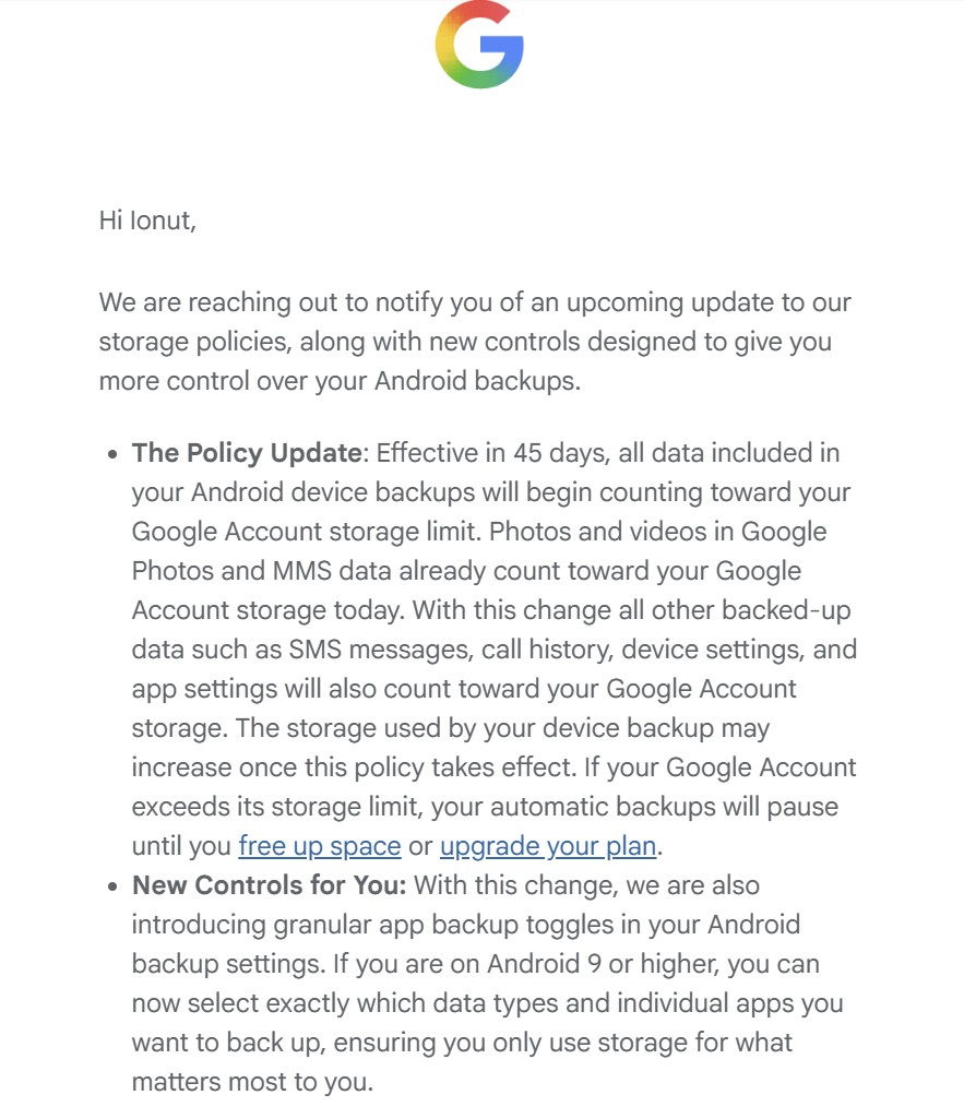 Fiți atenți că în curând spațiul (gratuit) de stocare din Google Drive s-ar putea să dispară dacă aveți activate opțiunile de Android backup!
