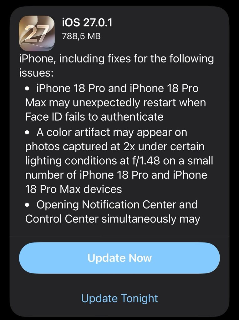După cum era de așteptat, avem primul update de iOS 27 care vine să repare câteva din problemele ce bântuie noile modele iPhone 18 Pro.
